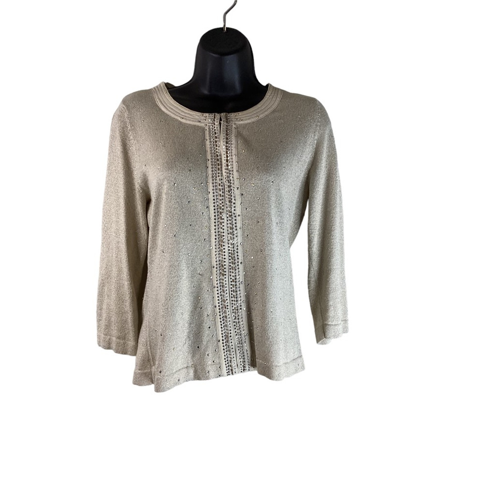 White House Black Market Womens Cardigan Sweater Beige Metallic 3/4 Sleeve M